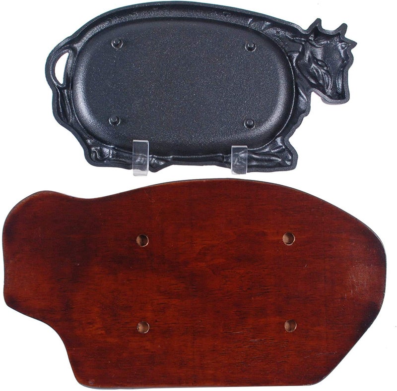 Happy Sales HSGRD-COW12, Large Cast Iron Steak Plate Sizzle Griddle with Wooden Base Steak Pan Grill Fajita Server Plate Household use or Restaurant Supply - Image 3